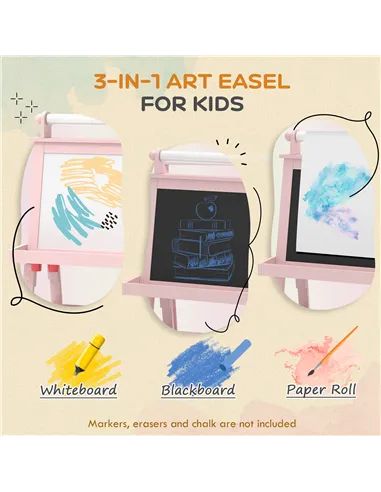 AIYAPLAY 3 in 1 Kids Easel Double-Sided Magnetic Whiteboard and Chalkboard with Paper Roll, Storage Baskets - Pink