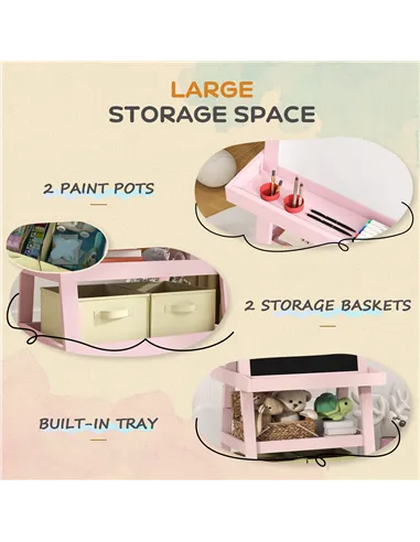 AIYAPLAY 3 in 1 Kids Easel Double-Sided Magnetic Whiteboard and Chalkboard with Paper Roll, Storage Baskets - Pink