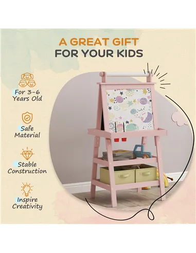 AIYAPLAY 3 in 1 Kids Easel Double-Sided Magnetic Whiteboard and Chalkboard with Paper Roll, Storage Baskets - Pink