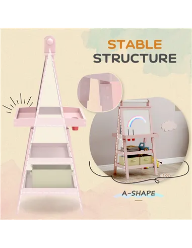 AIYAPLAY 3 in 1 Kids Easel Double-Sided Magnetic Whiteboard and Chalkboard with Paper Roll, Storage Baskets - Pink