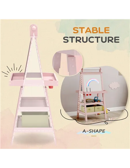 AIYAPLAY 3 in 1 Kids Easel Double-Sided Magnetic Whiteboard and Chalkboard with Paper Roll, Storage Baskets - Pink