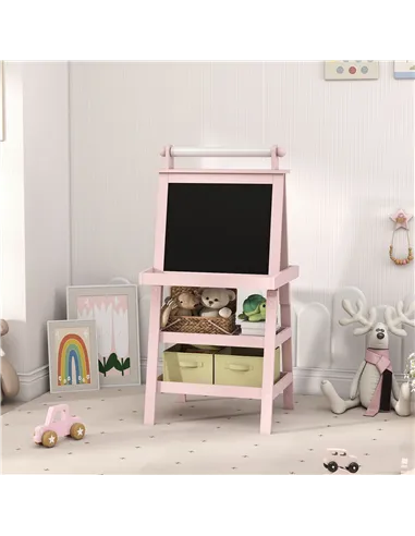 AIYAPLAY 3 in 1 Kids Easel Double-Sided Magnetic Whiteboard and Chalkboard with Paper Roll, Storage Baskets - Pink