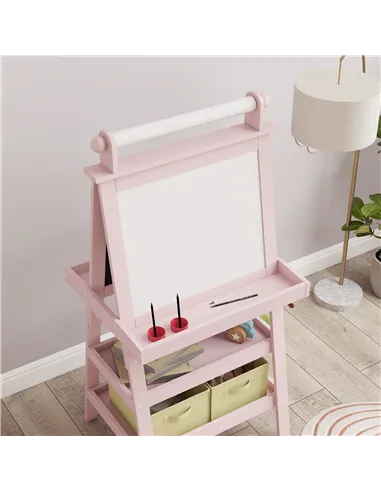 AIYAPLAY 3 in 1 Kids Easel Double-Sided Magnetic Whiteboard and Chalkboard with Paper Roll, Storage Baskets - Pink