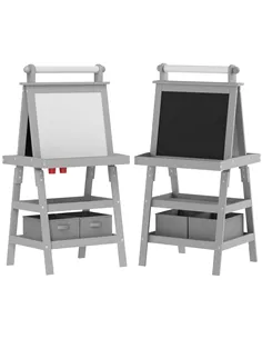 AIYAPLAY 3 in 1 Kids Easel Double-Sided Magnetic Whiteboard and Chalkboard with Paper Roll, Storage Baskets - Grey