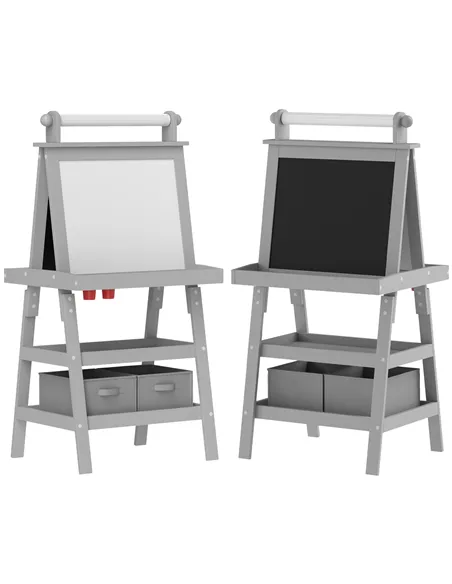 AIYAPLAY 3 in 1 Kids Easel Double-Sided Magnetic Whiteboard and Chalkboard with Paper Roll, Storage Baskets - Grey