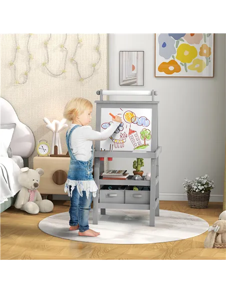 AIYAPLAY 3 in 1 Kids Easel Double-Sided Magnetic Whiteboard and Chalkboard with Paper Roll, Storage Baskets - Grey