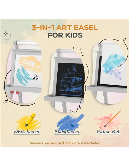 AIYAPLAY 3 in 1 Kids Easel Double-Sided Magnetic Whiteboard and Chalkboard with Paper Roll, Storage Baskets - Grey