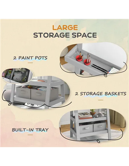 AIYAPLAY 3 in 1 Kids Easel Double-Sided Magnetic Whiteboard and Chalkboard with Paper Roll, Storage Baskets - Grey