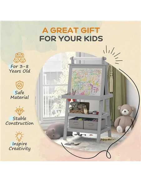 AIYAPLAY 3 in 1 Kids Easel Double-Sided Magnetic Whiteboard and Chalkboard with Paper Roll, Storage Baskets - Grey