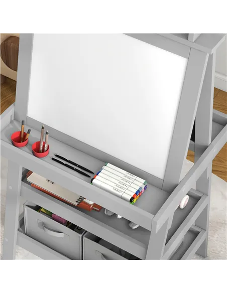 AIYAPLAY 3 in 1 Kids Easel Double-Sided Magnetic Whiteboard and Chalkboard with Paper Roll, Storage Baskets - Grey