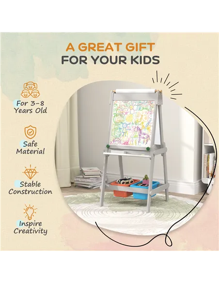 AIYAPLAY Art Easel for Kids with Paper Roll, Double-Sided Painting Easel with Chalkboard, Whiteboard