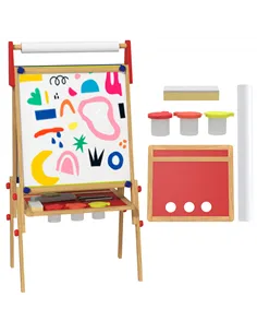 AIYAPLAY 3-in-1 Wooden Kids Easel with Paper Roll, Whiteboard, Chalkboard, Painting Accessories