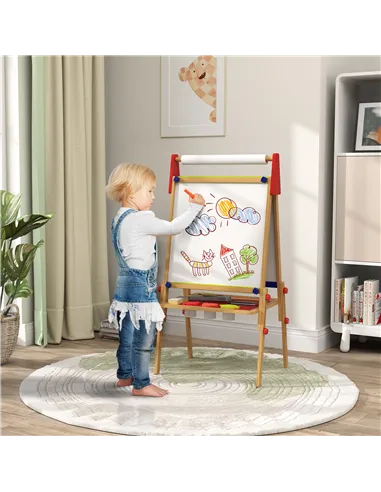 AIYAPLAY 3-in-1 Wooden Kids Easel with Paper Roll, Whiteboard, Chalkboard, Painting Accessories