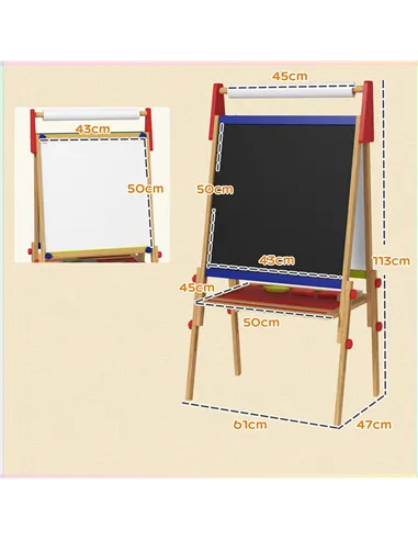 AIYAPLAY 3-in-1 Wooden Kids Easel with Paper Roll, Whiteboard, Chalkboard, Painting Accessories
