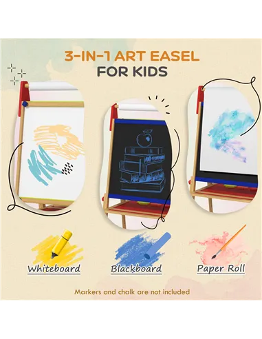 AIYAPLAY 3-in-1 Wooden Kids Easel with Paper Roll, Whiteboard, Chalkboard, Painting Accessories