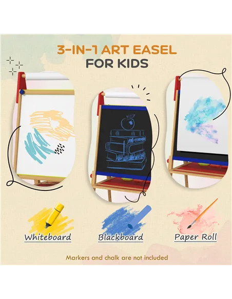 AIYAPLAY 3-in-1 Wooden Kids Easel with Paper Roll, Whiteboard, Chalkboard, Painting Accessories