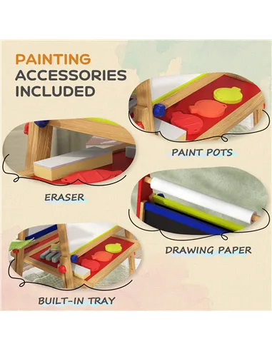 AIYAPLAY 3-in-1 Wooden Kids Easel with Paper Roll, Whiteboard, Chalkboard, Painting Accessories