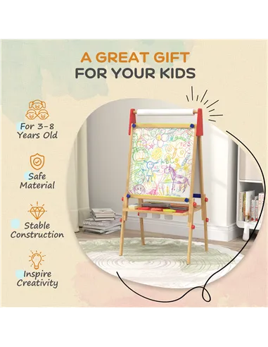 AIYAPLAY 3-in-1 Wooden Kids Easel with Paper Roll, Whiteboard, Chalkboard, Painting Accessories