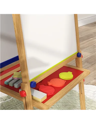 AIYAPLAY 3-in-1 Wooden Kids Easel with Paper Roll, Whiteboard, Chalkboard, Painting Accessories
