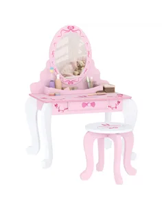 AIYAPLAY Kids Dressing Table Set, Vanity Table with Stool, Mirror, Drawer, Desktop, Storage, Ballet-Theme, Pink