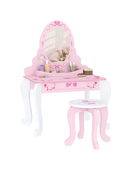 AIYAPLAY Kids Dressing Table Set, Vanity Table with Stool, Mirror, Drawer, Desktop, Storage, Ballet-Theme, Pink
