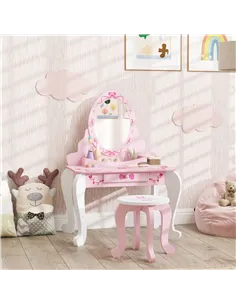 AIYAPLAY Kids Dressing Table Set, Vanity Table with Stool, Mirror, Drawer, Desktop, Storage, Ballet-Theme, Pink 2