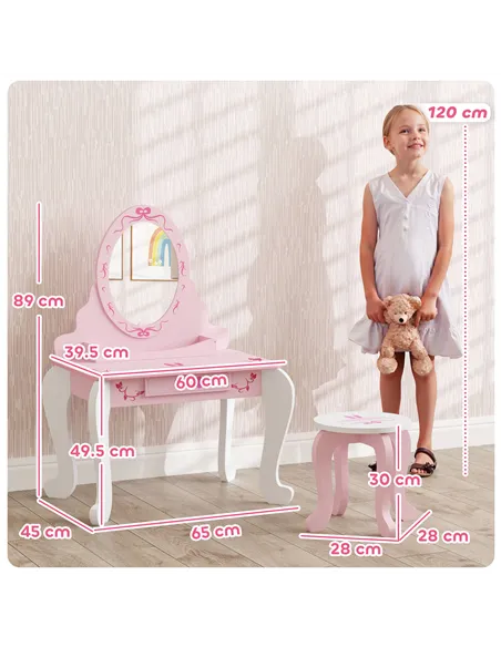 AIYAPLAY Kids Dressing Table Set, Vanity Table with Stool, Mirror, Drawer, Desktop, Storage, Ballet-Theme, Pink