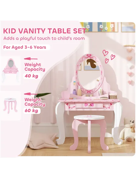 AIYAPLAY Kids Dressing Table Set, Vanity Table with Stool, Mirror, Drawer, Desktop, Storage, Ballet-Theme, Pink