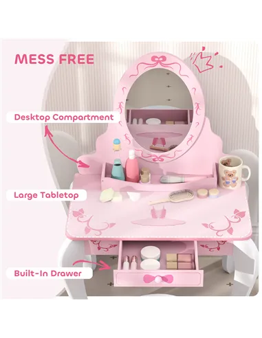 AIYAPLAY Kids Dressing Table Set, Vanity Table with Stool, Mirror, Drawer, Desktop, Storage, Ballet-Theme, Pink