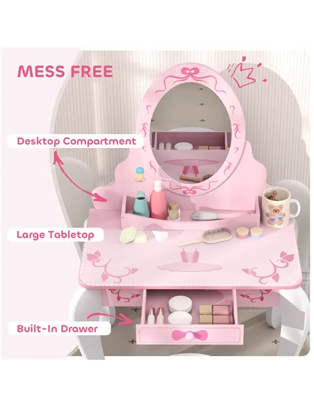 AIYAPLAY Kids Dressing Table Set, Vanity Table with Stool, Mirror, Drawer, Desktop, Storage, Ballet-Theme, Pink