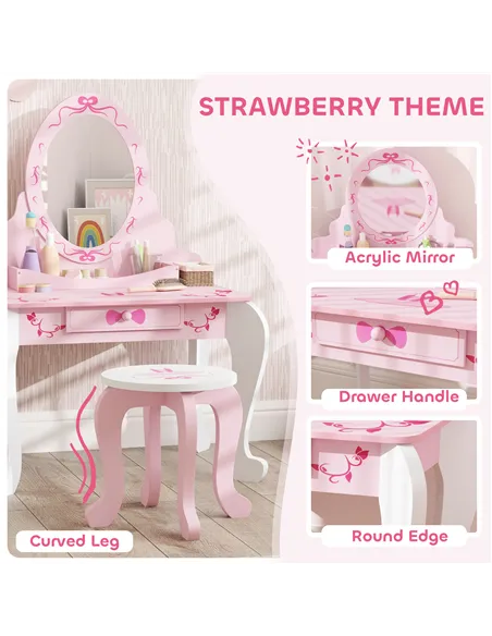 AIYAPLAY Kids Dressing Table Set, Vanity Table with Stool, Mirror, Drawer, Desktop, Storage, Ballet-Theme, Pink