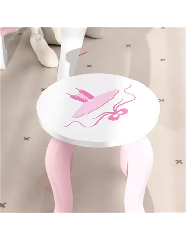 AIYAPLAY Kids Dressing Table Set, Vanity Table with Stool, Mirror, Drawer, Desktop, Storage, Ballet-Theme, Pink