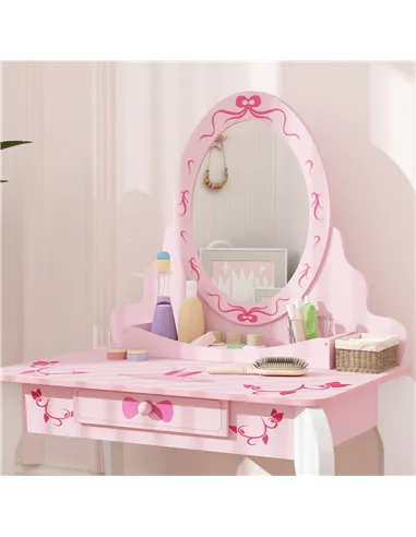 AIYAPLAY Kids Dressing Table Set, Vanity Table with Stool, Mirror, Drawer, Desktop, Storage, Ballet-Theme, Pink
