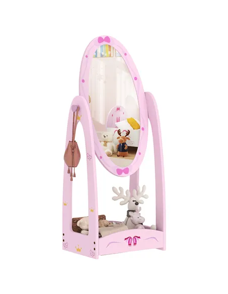 AIYAPLAY Kids Full Length Mirror, 360° Rotating Children Standing Mirror with Storage Shelf, Pink