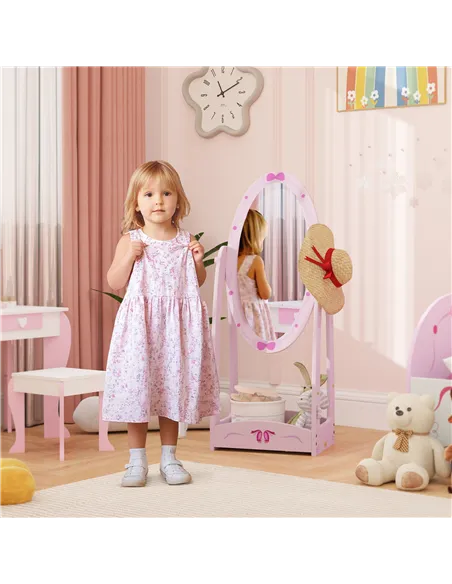 AIYAPLAY Kids Full Length Mirror, 360° Rotating Children Standing Mirror with Storage Shelf, Pink