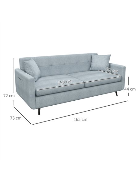 HOMCOM 165cm 3 Seater Sofa for Living Room, Modern Fabric Couch, Tufted Small Couch Sofa Settee with Steel Legs and 2 Storage Po