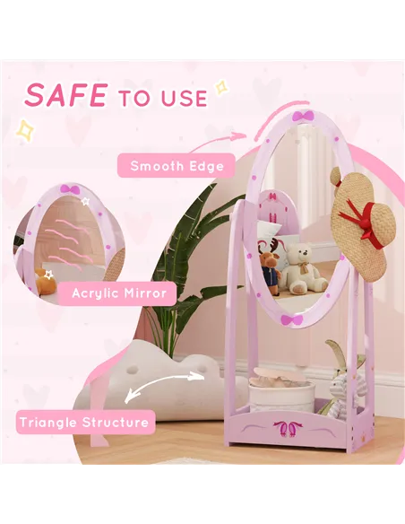 AIYAPLAY Kids Full Length Mirror, 360° Rotating Children Standing Mirror with Storage Shelf, Pink