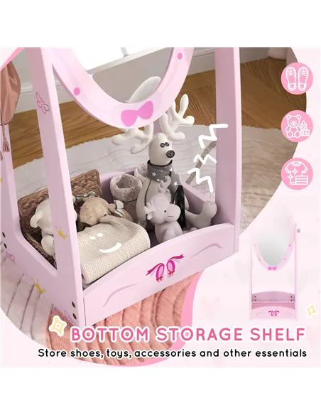 AIYAPLAY Kids Full Length Mirror, 360° Rotating Children Standing Mirror with Storage Shelf, Pink