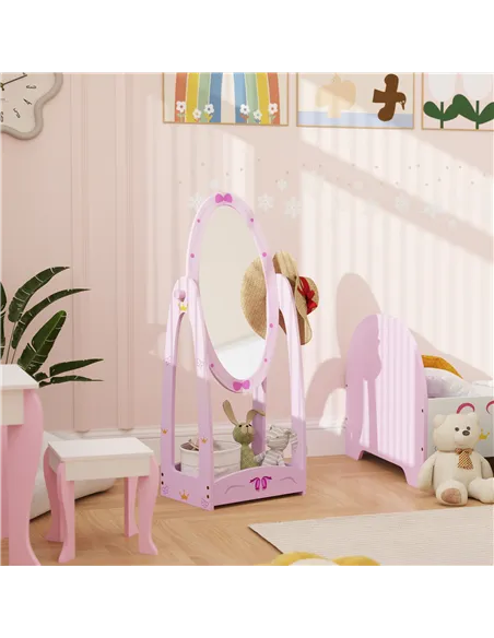 AIYAPLAY Kids Full Length Mirror, 360° Rotating Children Standing Mirror with Storage Shelf, Pink