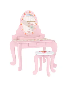 AIYAPLAY Kids Dressing Table Set, Vanity Table with Stool, Mirror, Drawer, Desktop, Storage, Strawberry-Theme, Pink