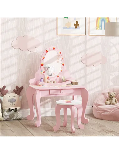 AIYAPLAY Kids Dressing Table Set, Vanity Table with Stool, Mirror, Drawer, Desktop, Storage, Strawberry-Theme, Pink