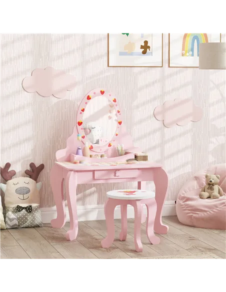 AIYAPLAY Kids Dressing Table Set, Vanity Table with Stool, Mirror, Drawer, Desktop, Storage, Strawberry-Theme, Pink