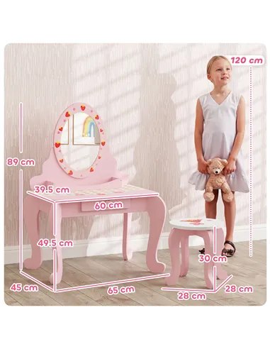 AIYAPLAY Kids Dressing Table Set, Vanity Table with Stool, Mirror, Drawer, Desktop, Storage, Strawberry-Theme, Pink