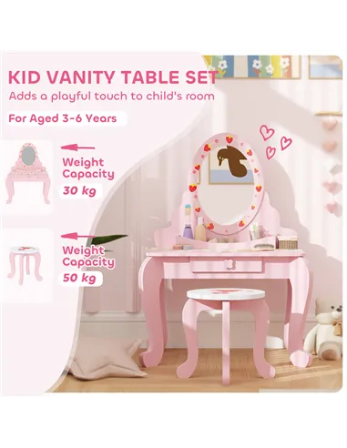 AIYAPLAY Kids Dressing Table Set, Vanity Table with Stool, Mirror, Drawer, Desktop, Storage, Strawberry-Theme, Pink