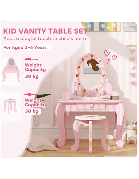 AIYAPLAY Kids Dressing Table Set, Vanity Table with Stool, Mirror, Drawer, Desktop, Storage, Strawberry-Theme, Pink