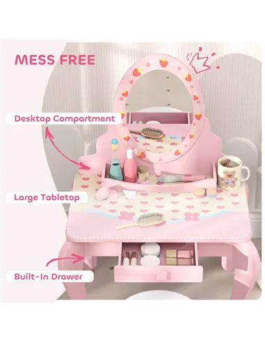 AIYAPLAY Kids Dressing Table Set, Vanity Table with Stool, Mirror, Drawer, Desktop, Storage, Strawberry-Theme, Pink