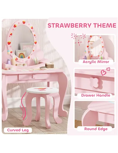 AIYAPLAY Kids Dressing Table Set, Vanity Table with Stool, Mirror, Drawer, Desktop, Storage, Strawberry-Theme, Pink
