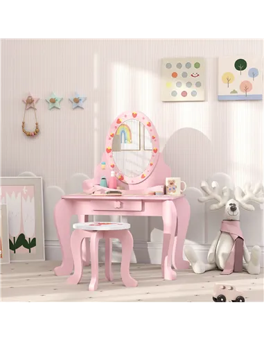 AIYAPLAY Kids Dressing Table Set, Vanity Table with Stool, Mirror, Drawer, Desktop, Storage, Strawberry-Theme, Pink