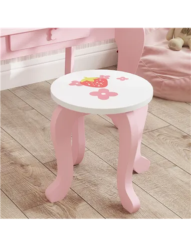 AIYAPLAY Kids Dressing Table Set, Vanity Table with Stool, Mirror, Drawer, Desktop, Storage, Strawberry-Theme, Pink