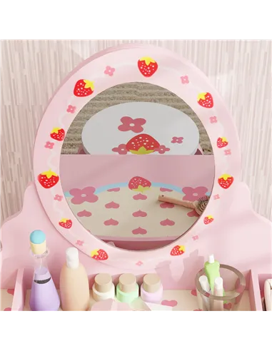 AIYAPLAY Kids Dressing Table Set, Vanity Table with Stool, Mirror, Drawer, Desktop, Storage, Strawberry-Theme, Pink